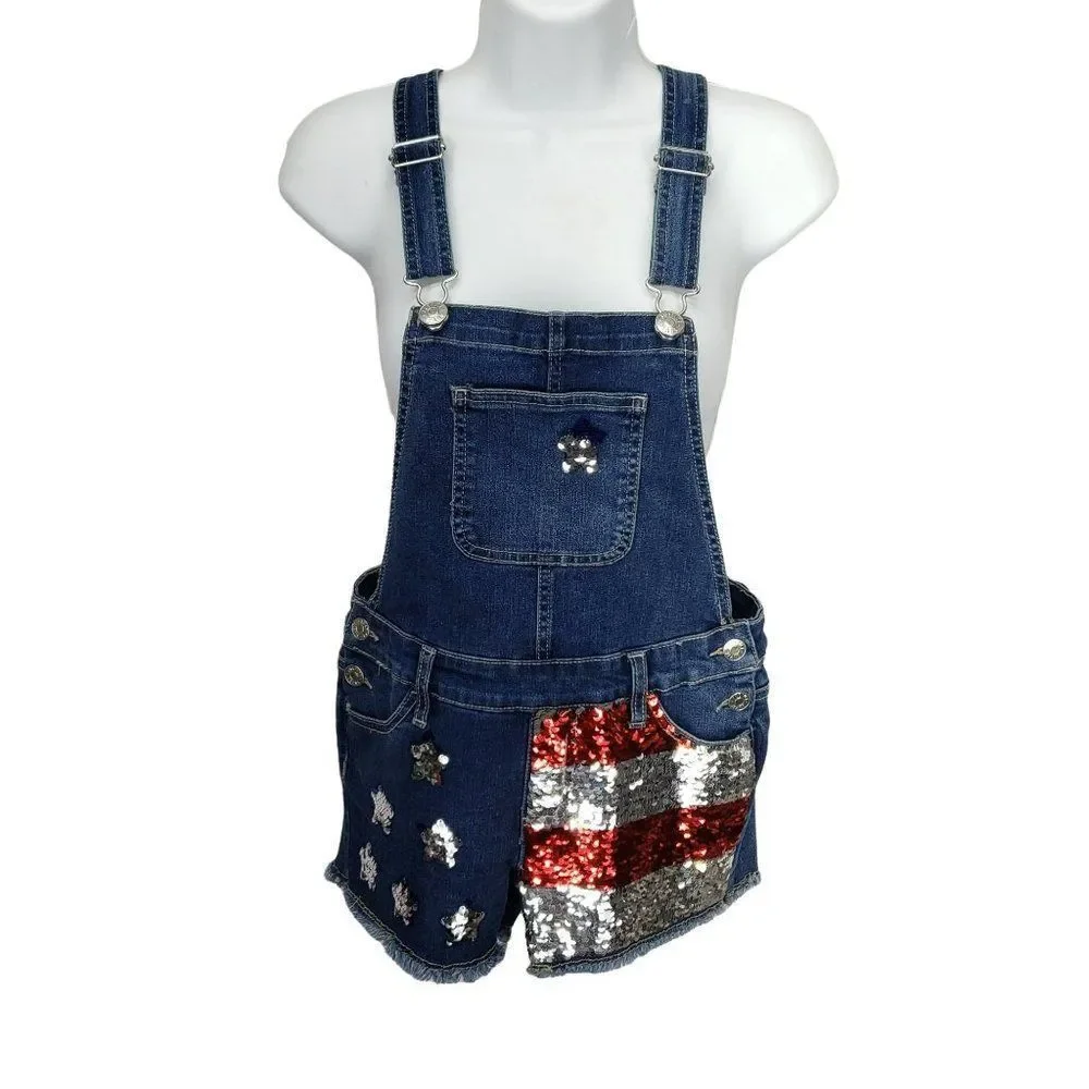 Justice Girl’s Denim Sequin American Flag Summer Shortalls Overalls Size 12